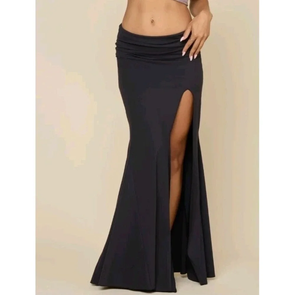 Popflex‎ Mermaid Maxi Skirt Size XL Petite Fold Over Waistband Black Stretch